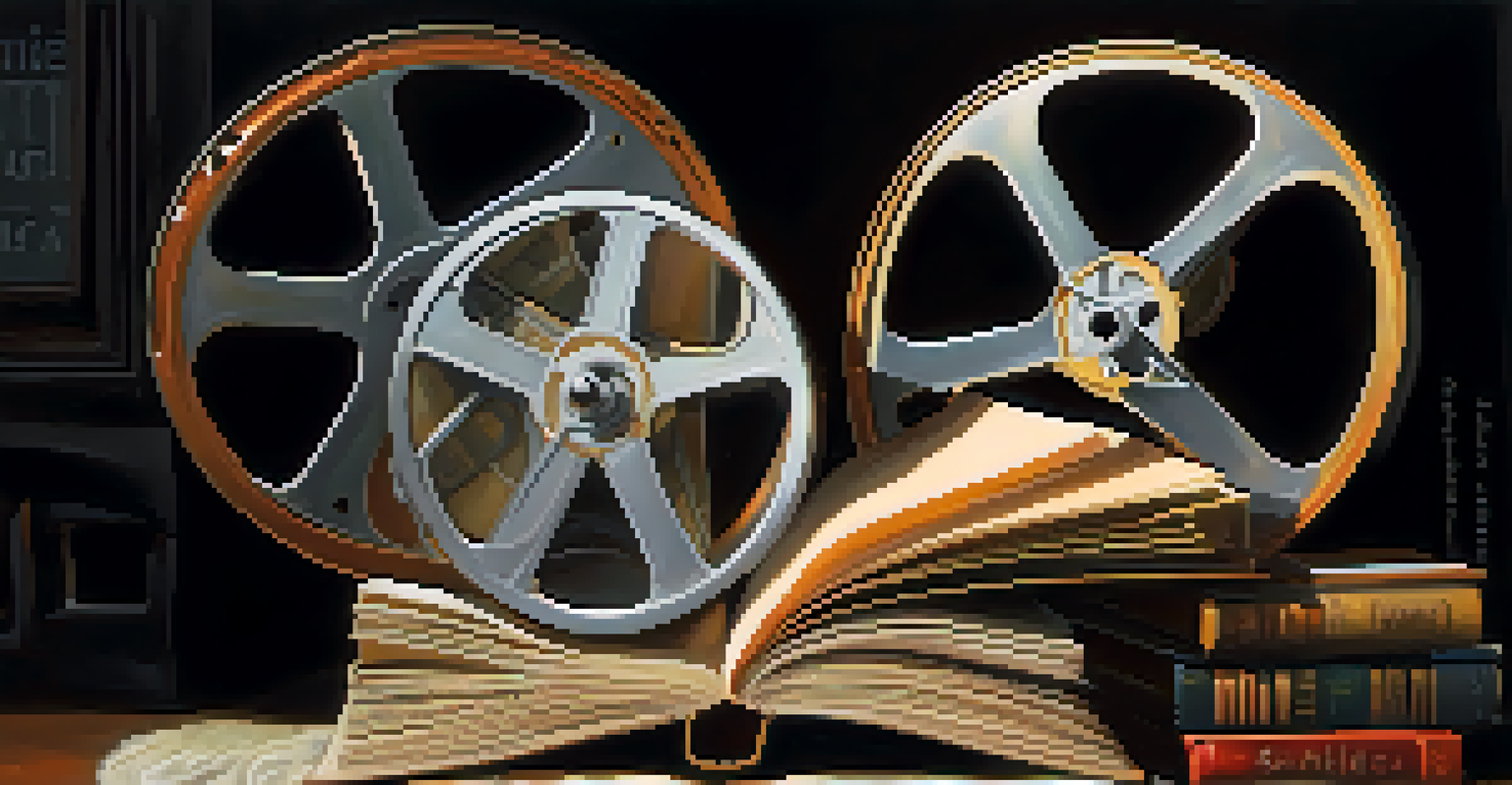 An artistic image showing a film reel intertwined with open books, illustrating the link between movies and literature in a dreamlike setting.