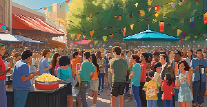 A vibrant outdoor film festival scene with diverse attendees mingling, colorful banners, and a large screen showing films.