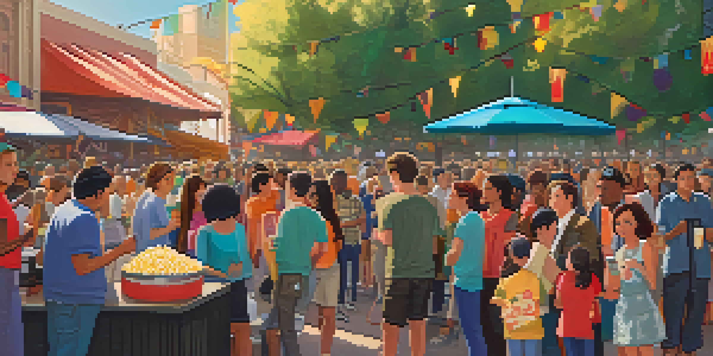 A vibrant outdoor film festival scene with diverse attendees mingling, colorful banners, and a large screen showing films.