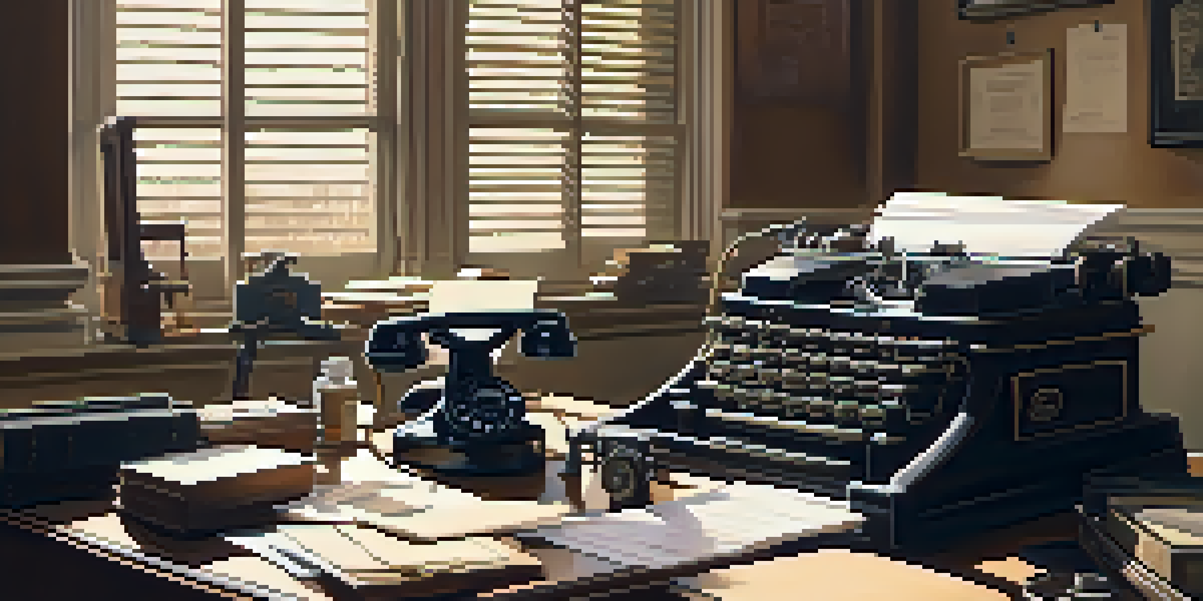 A vintage office with a wooden desk, typewriter, and sunlight streaming through a window.