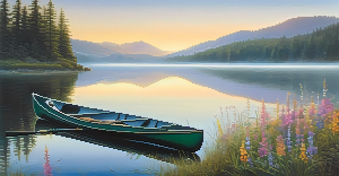 A peaceful lake at dawn with misty mountains in the background, reflecting pastel sunrise colors, a canoe on the shore, and colorful wildflowers in the foreground.