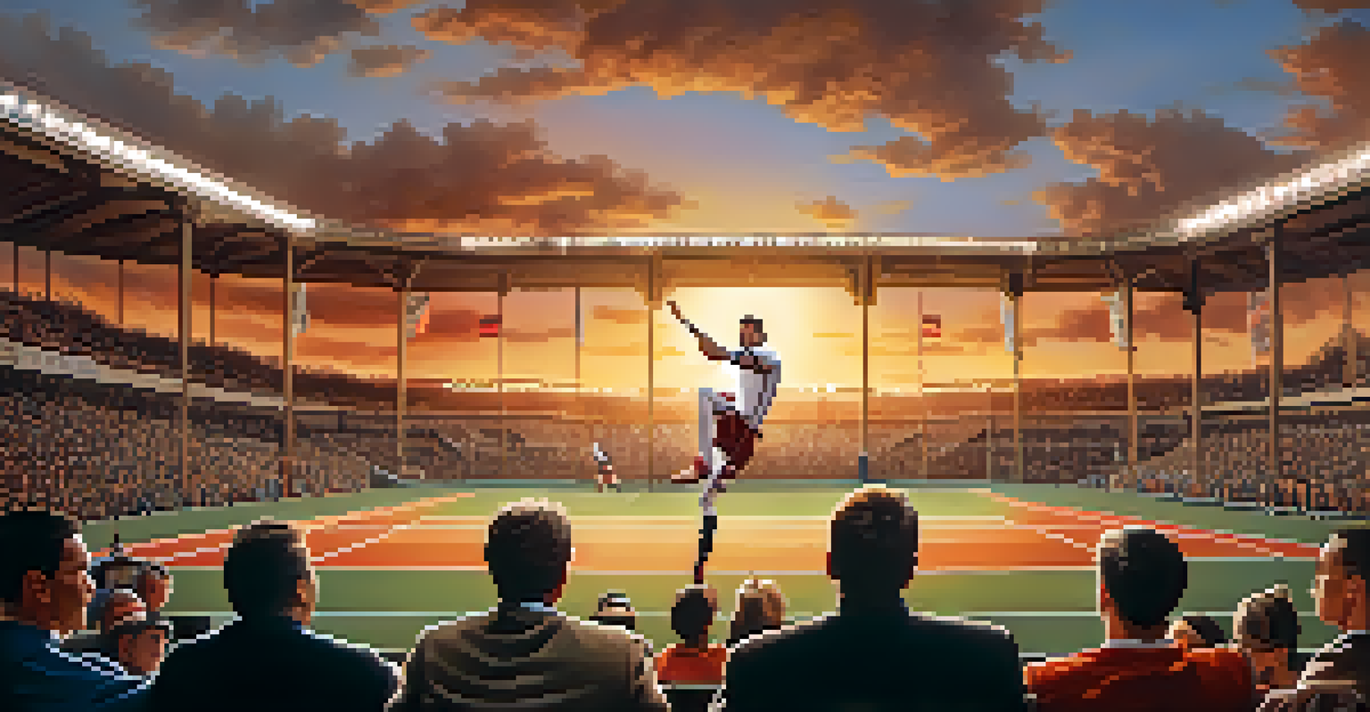 A reenactment of a famous sports moment on a grand stage, with athletes in dynamic poses against a dramatic sunset, capturing the audience's emotions.