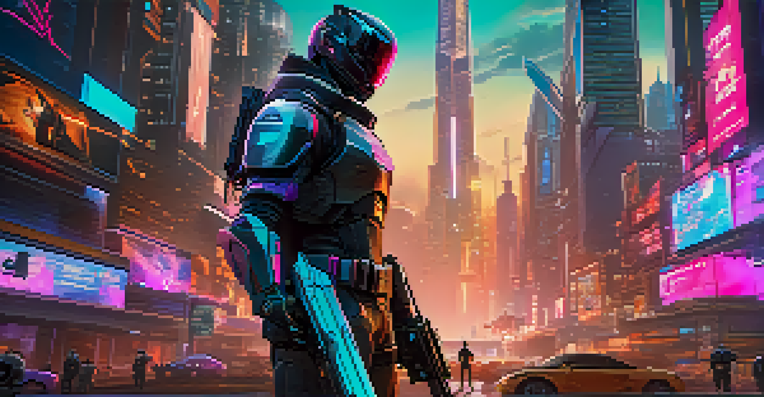 A character in futuristic armor preparing for action in a neon-lit cityscape.