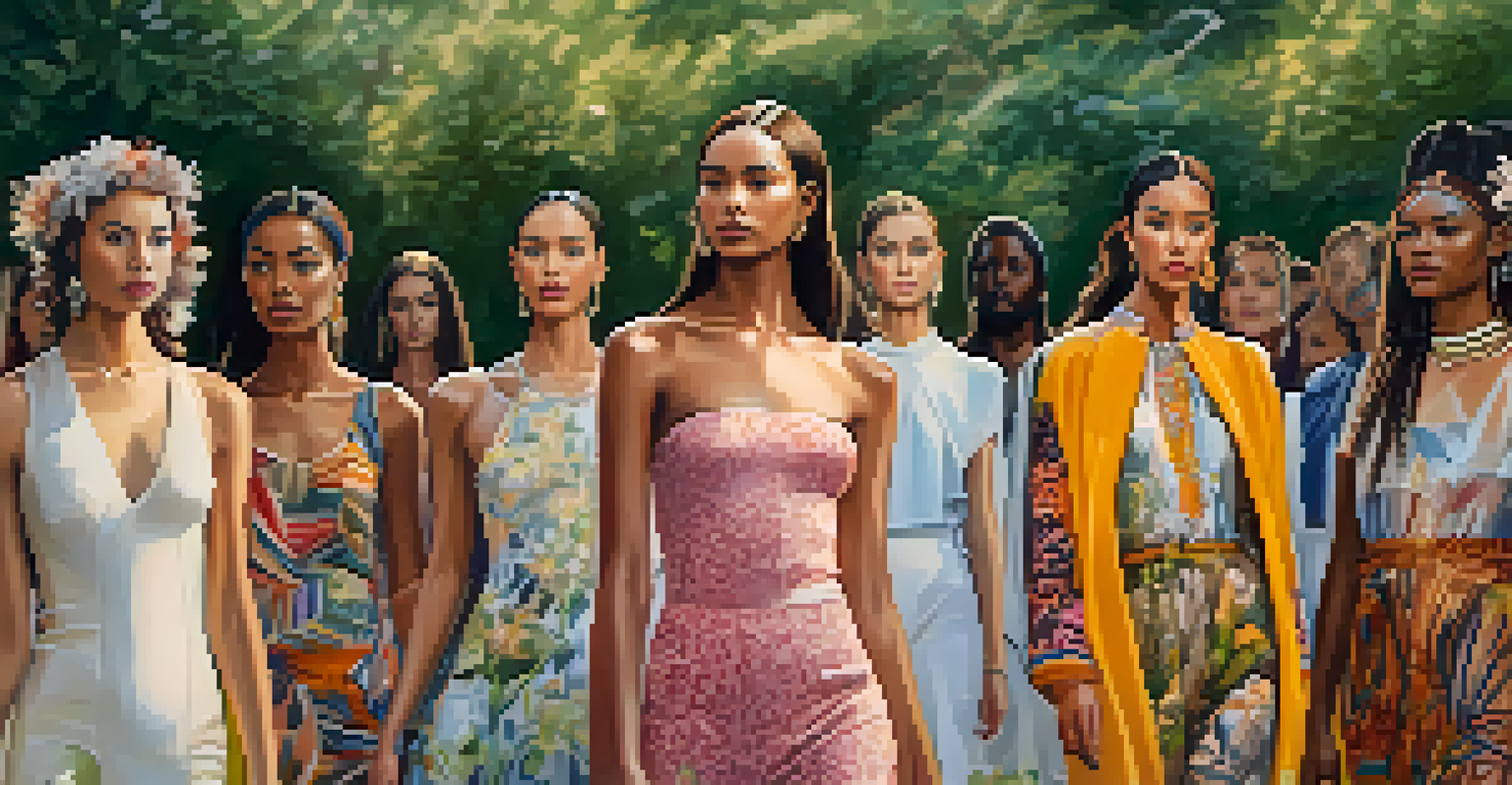 An outdoor runway show with models wearing culturally inspired garments under soft evening light, capturing the audience's attention.