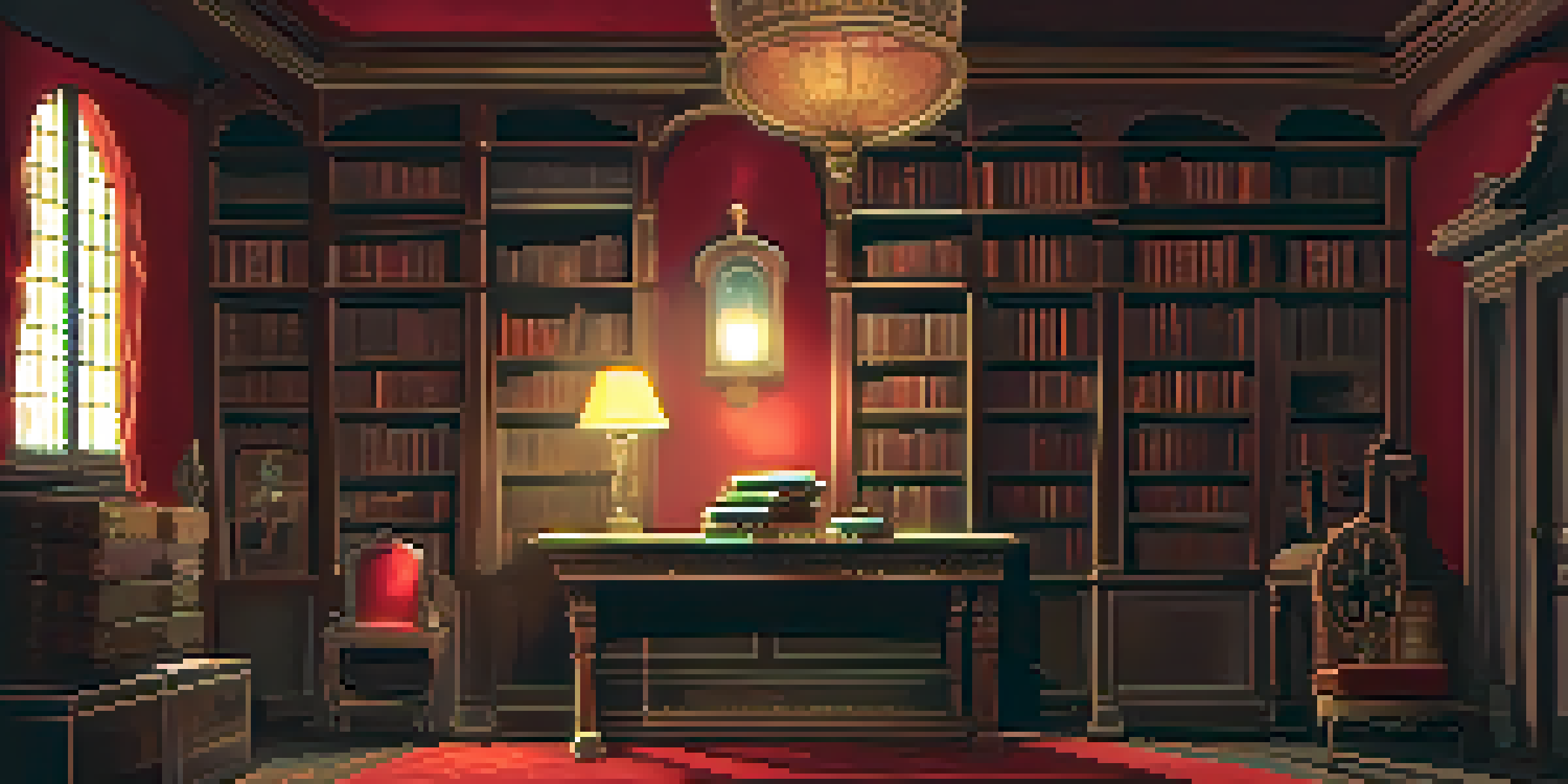 A dimly lit room with a vintage bookshelf and a flickering candle, casting shadows, and a ghostly figure reflected in an ornate mirror.