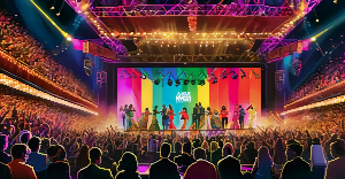 A diverse group of artists performing on stage at a music awards ceremony, with colorful lights and an enthusiastic audience.