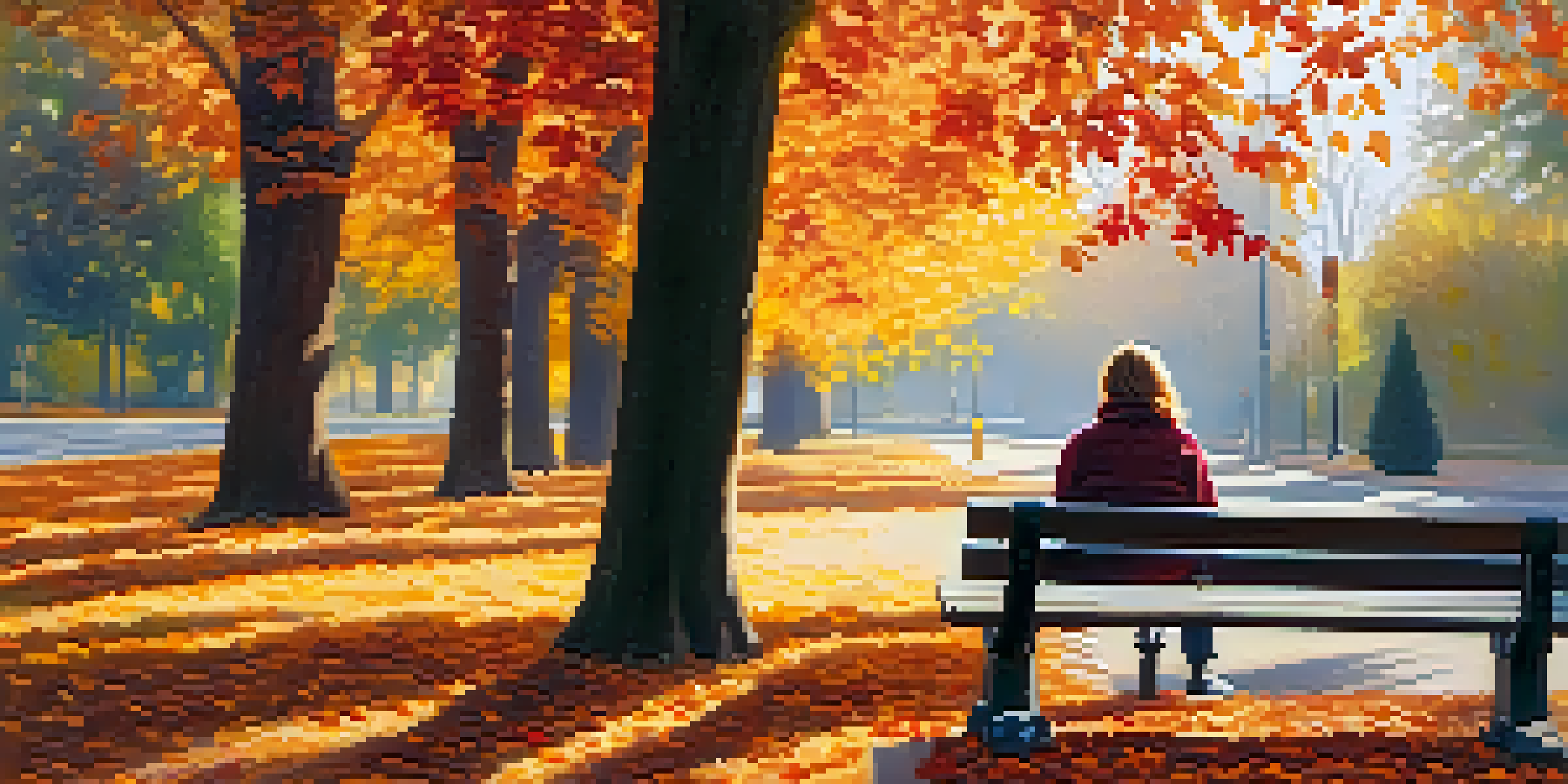 A person sitting on a park bench in autumn, surrounded by colorful trees, looking thoughtfully into the distance.