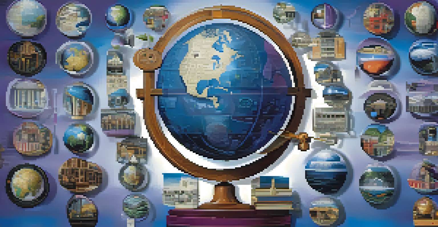 A globe made of film reels and cultural icons representing global cinema, with a colorful gradient background.
