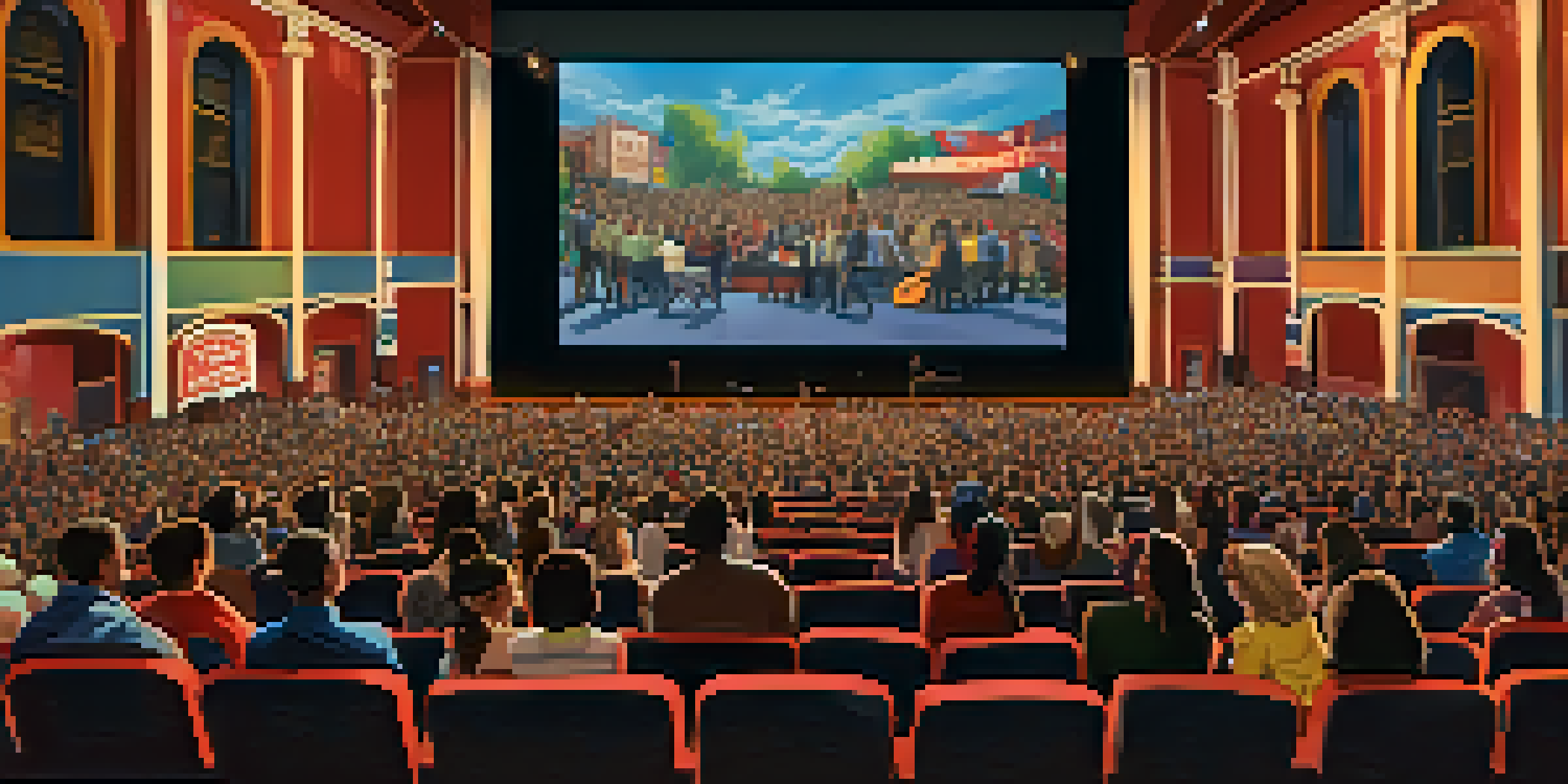 A diverse audience enjoying a film screening at a vibrant film festival.