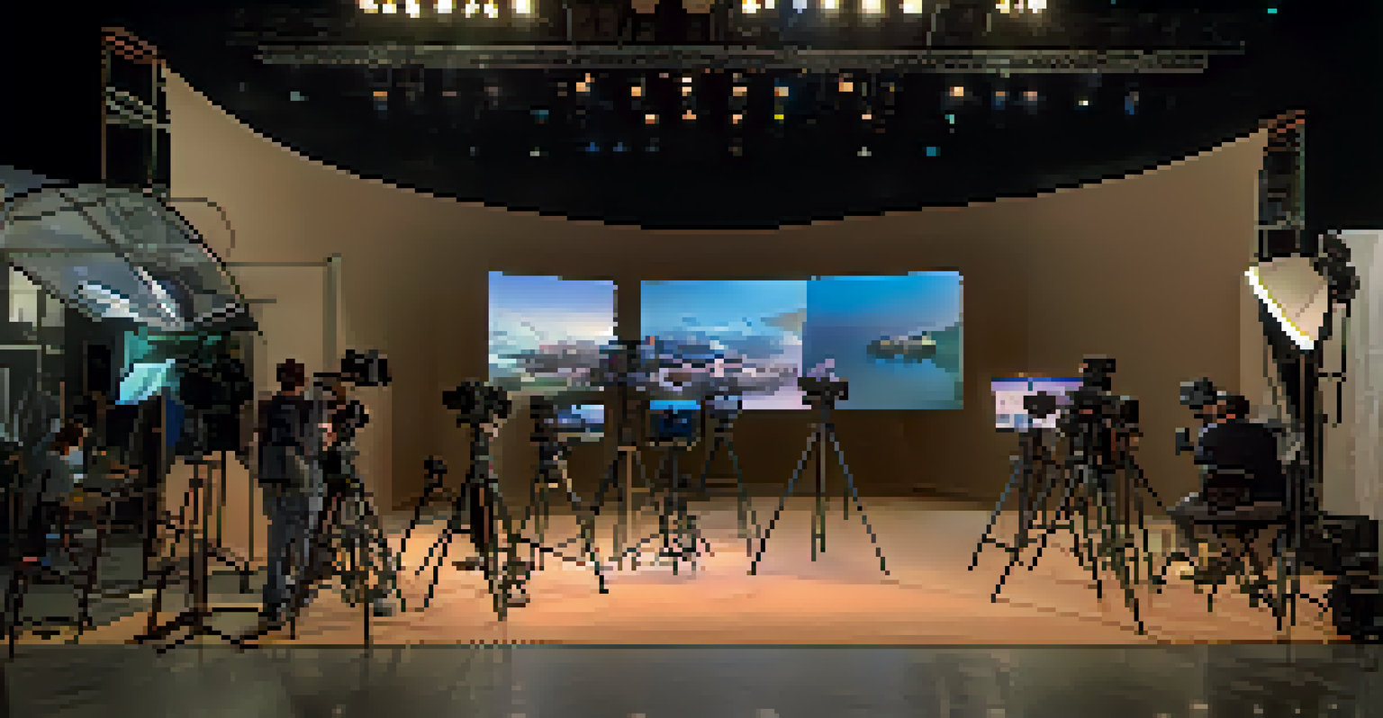 A film crew using LED lighting on a sustainable set with digital screens.