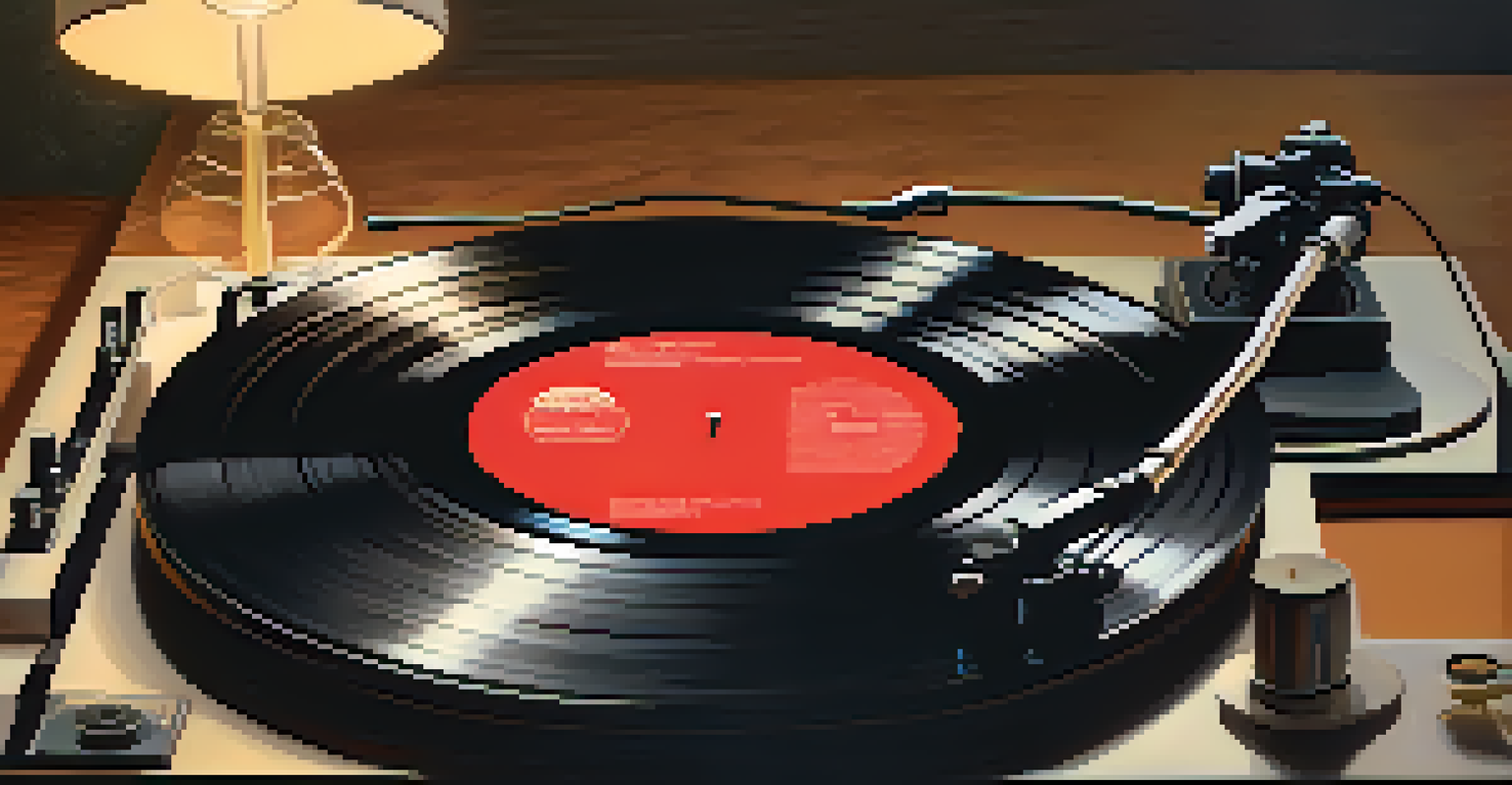 A close-up of a spinning vinyl record on a turntable, surrounded by vintage movie soundtrack covers under soft ambient lighting.