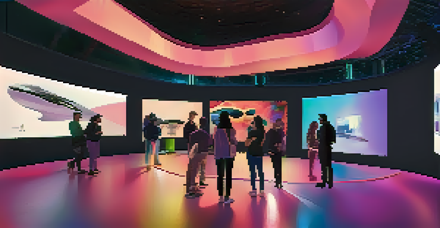 A modern VR exhibition space at a film festival, filled with advanced technology and colorful lighting.