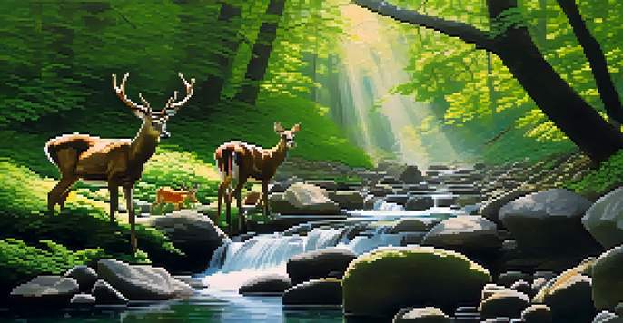 A lush green forest with sunlight filtering through the leaves and a stream flowing over stones, with deer grazing in the foreground.