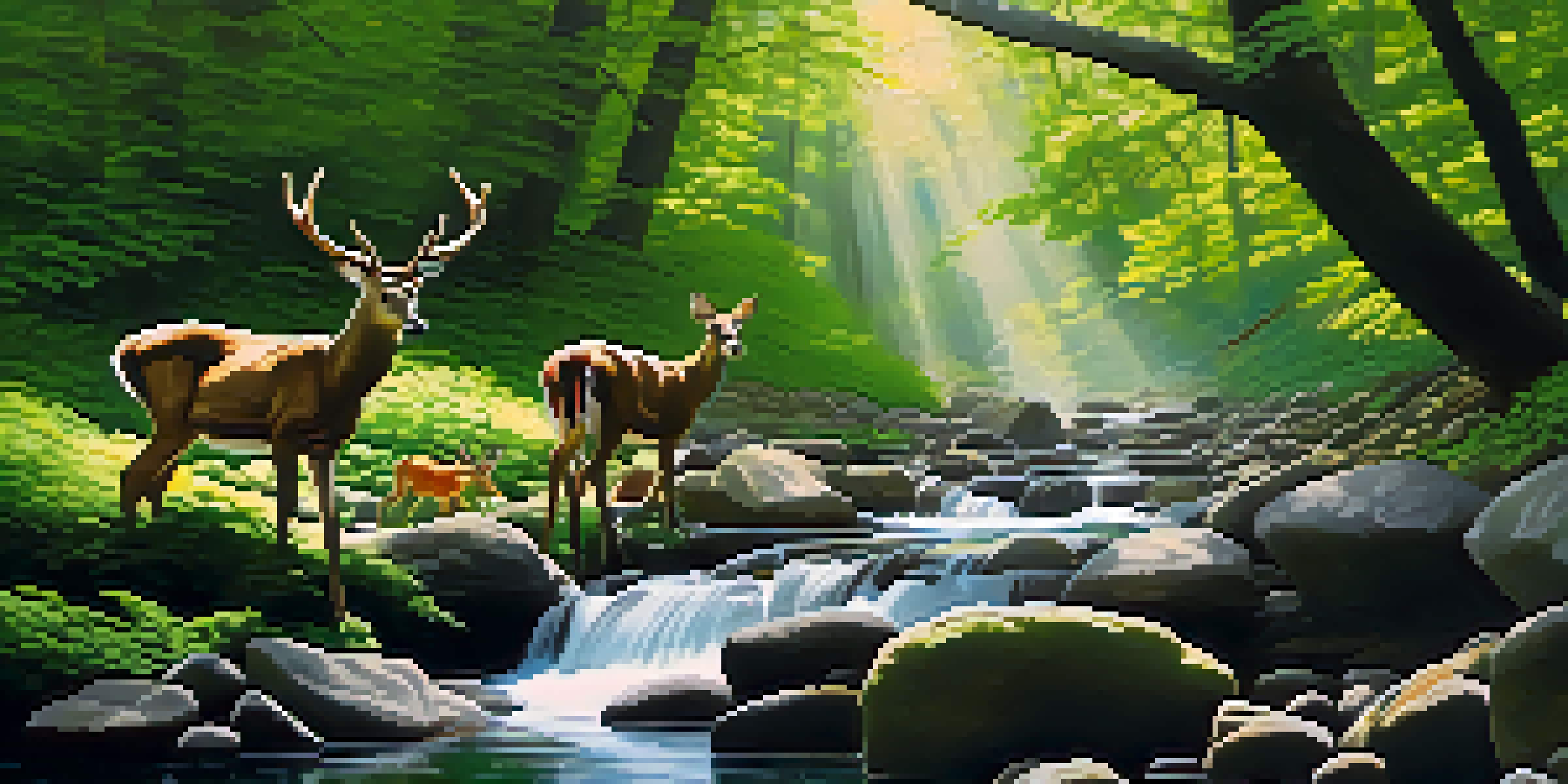 A lush green forest with sunlight filtering through the leaves and a stream flowing over stones, with deer grazing in the foreground.