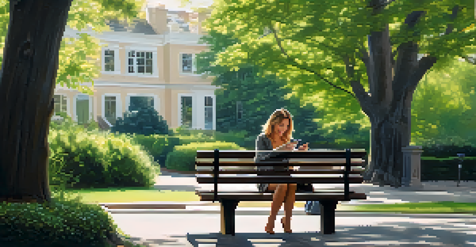 A celebrity sitting on a park bench, enjoying a candid moment with a mobile device in a serene outdoor setting.