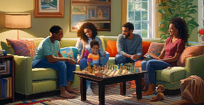 A diverse family enjoying a board game in a cozy living room, with warm lighting and colorful decorations.