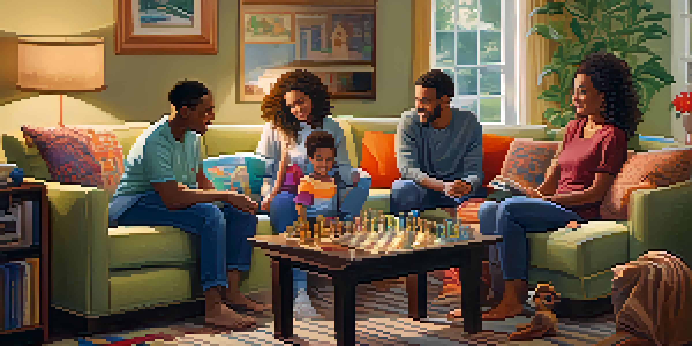 A diverse family enjoying a board game in a cozy living room, with warm lighting and colorful decorations.