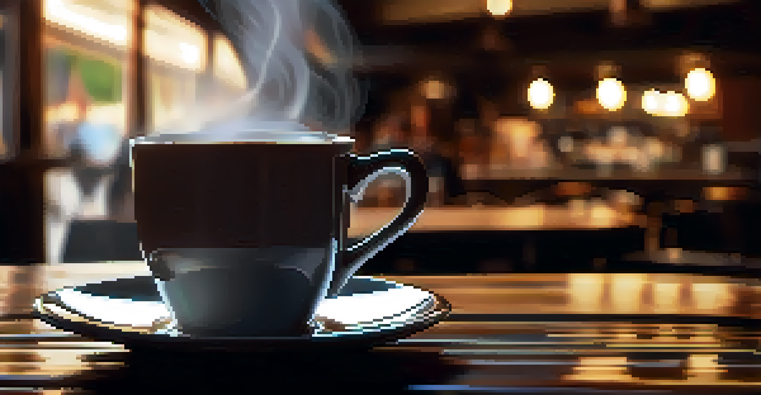 A steaming cup of coffee on a wooden table with a cozy café atmosphere in the background.