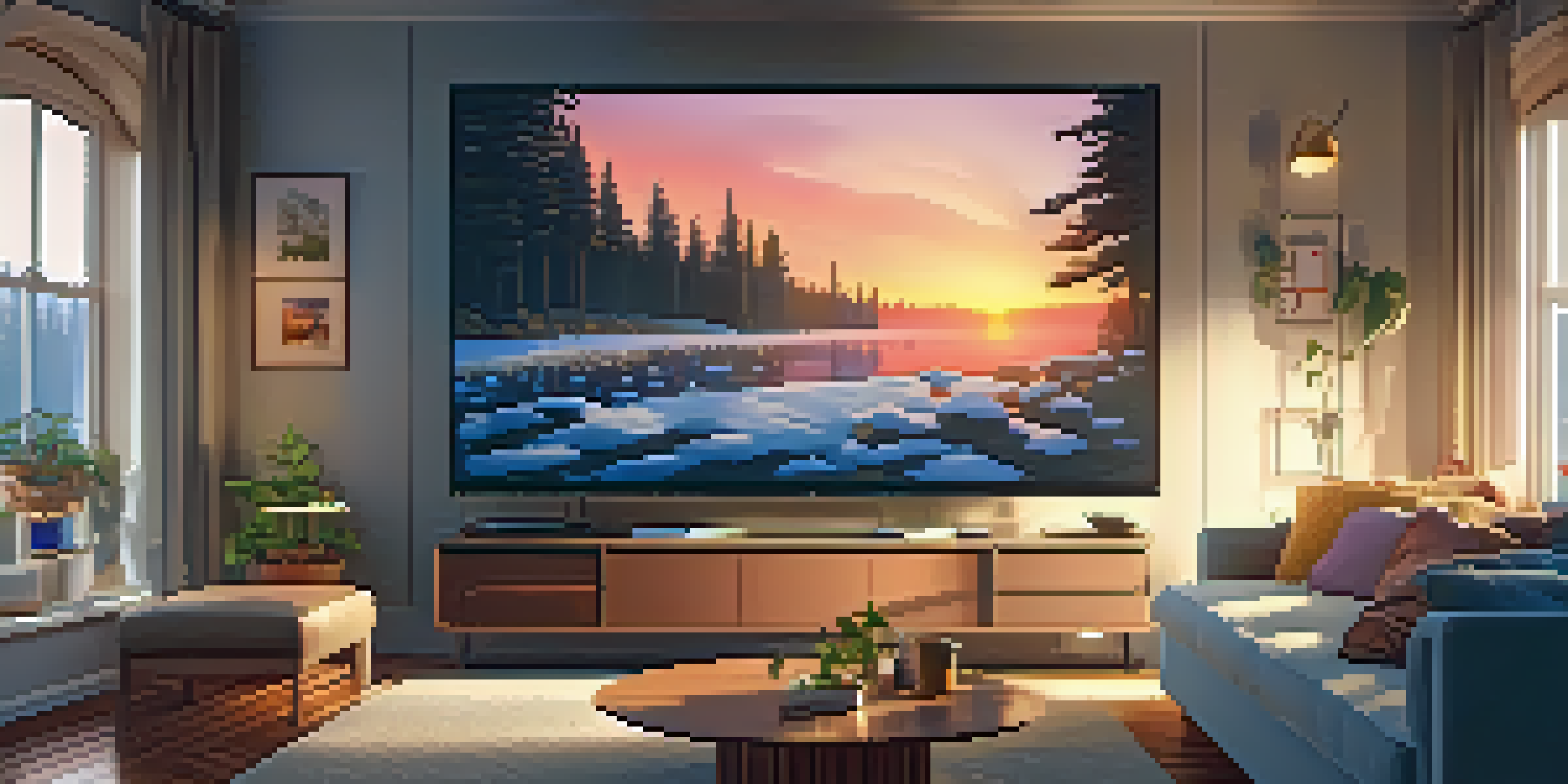 A cozy living room with a sofa, TV showing a streaming interface, and a sunset view from the window.