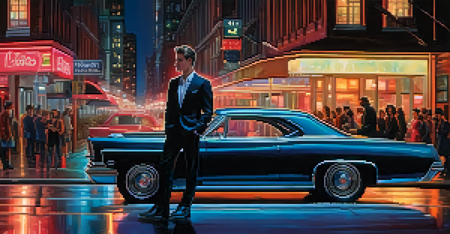 A man in a tailored suit leaning against a classic car at night, with neon lights reflecting off the car.