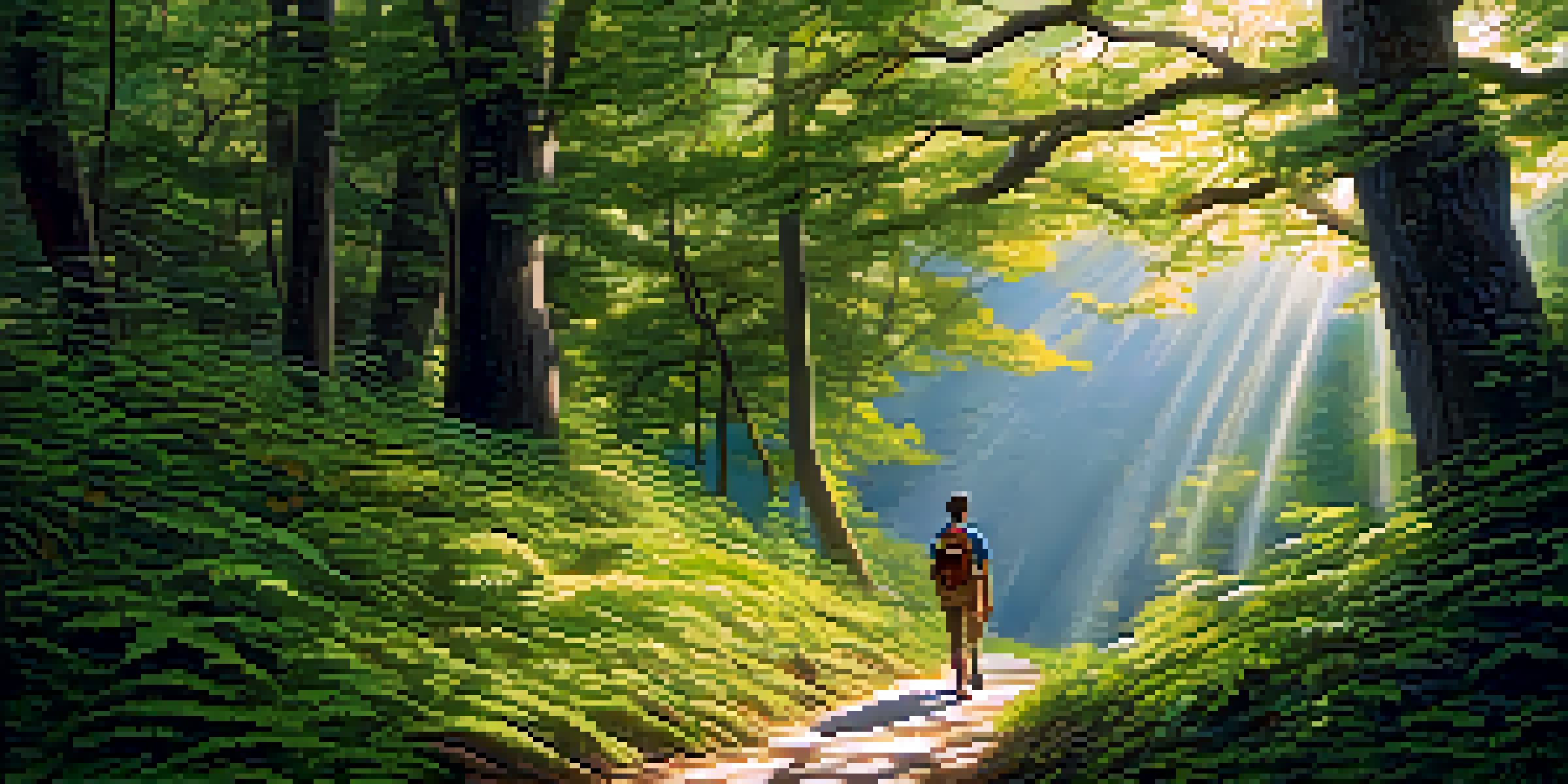 A traveler pausing on a winding path through a sunlit forest, illustrating a journey of growth and exploration.