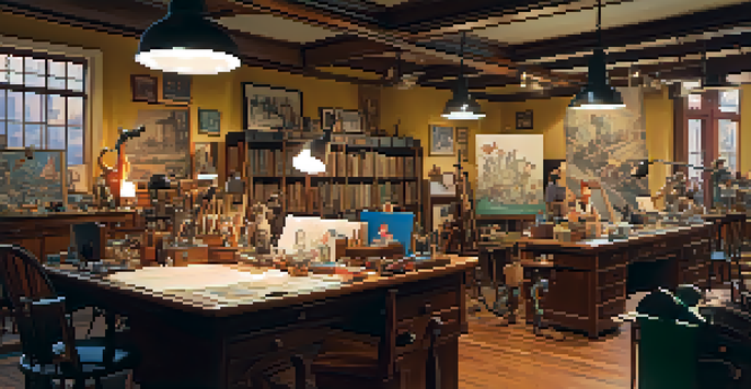 A historical scene of a Disney animation studio in the 1920s, with animators and sketches of characters like Oswald and Mickey Mouse.