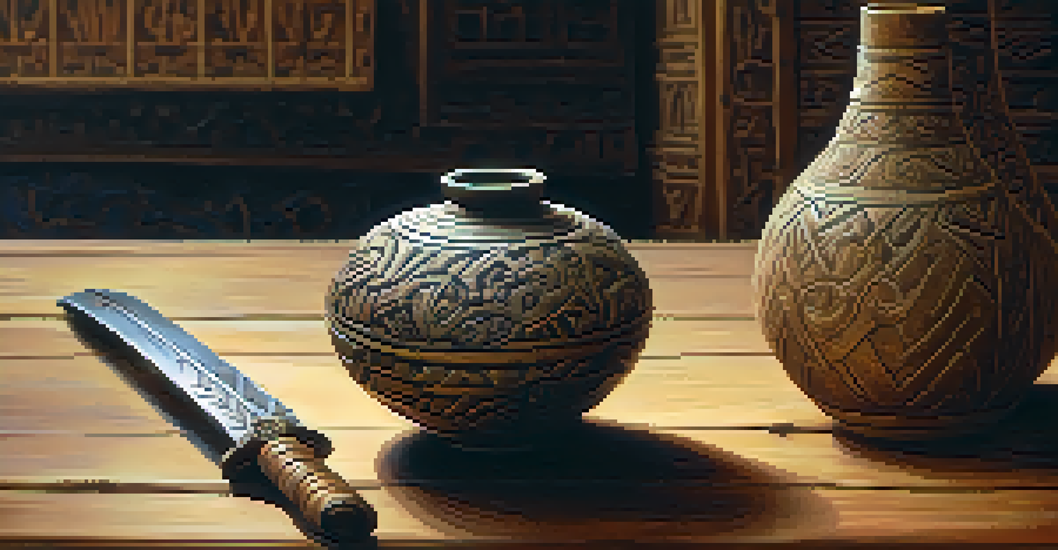 A close-up of an ancient artifact on a wooden table with natural light illuminating it.