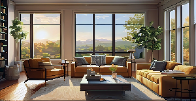 A warm and inviting living room with a large TV showing a streaming service, popcorn on the table, and sunlight streaming through the window.
