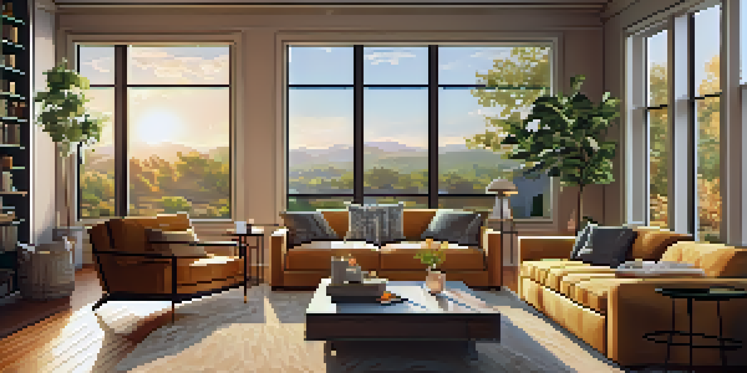 A warm and inviting living room with a large TV showing a streaming service, popcorn on the table, and sunlight streaming through the window.
