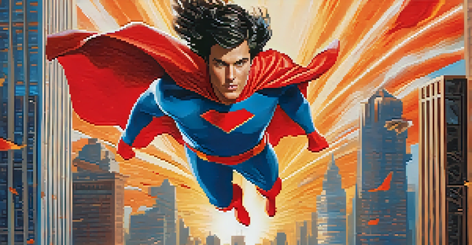 A superhero flying over a city skyline with a colorful sunset, featuring bold typography for the film title.