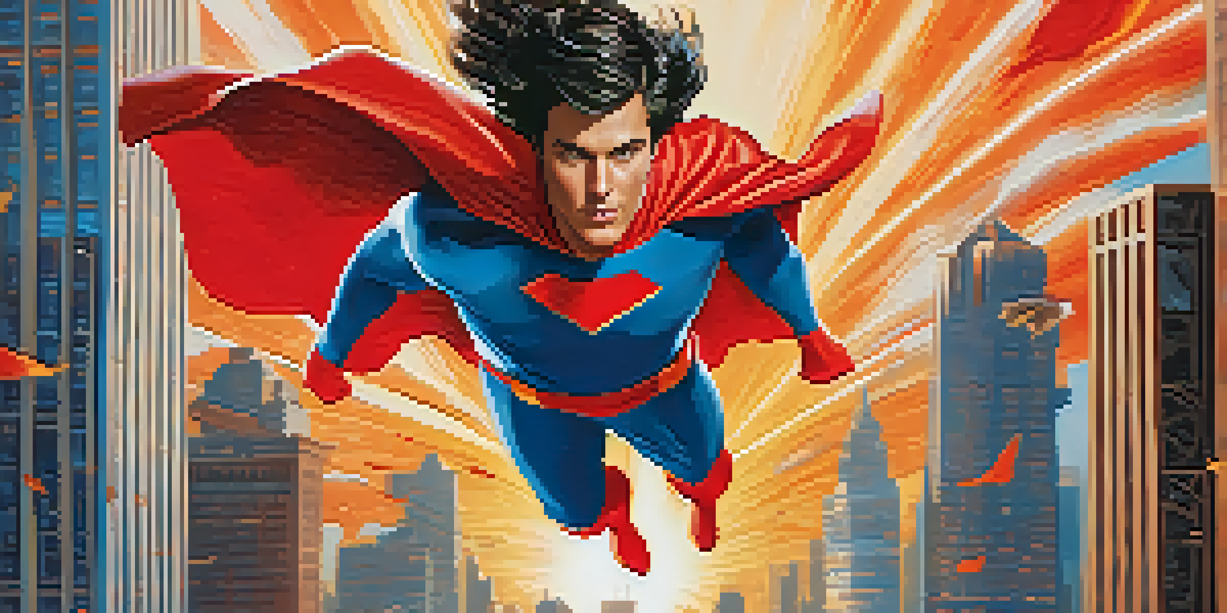 A superhero flying over a city skyline with a colorful sunset, featuring bold typography for the film title.