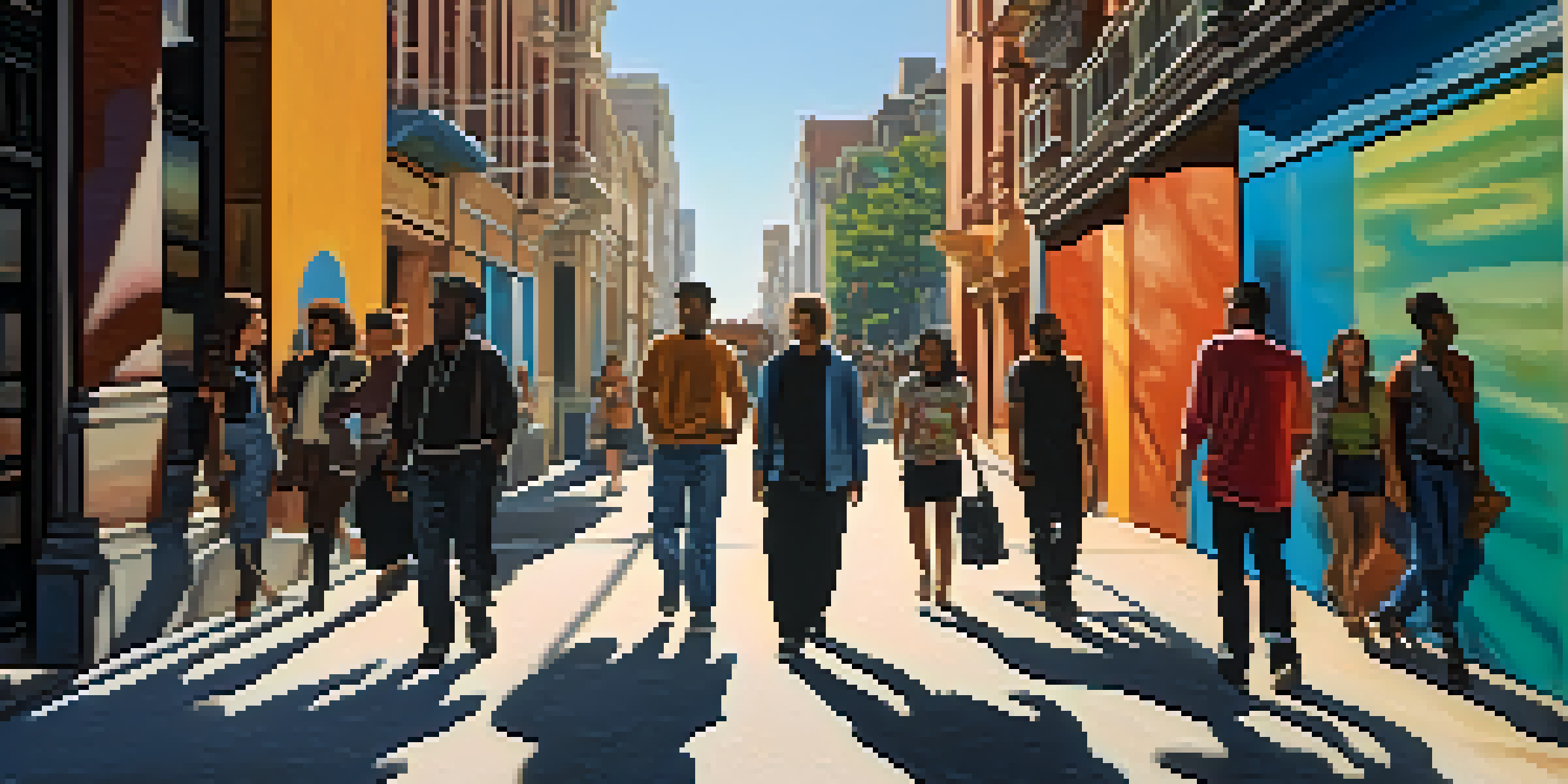 A lively urban scene with diverse individuals walking together, surrounded by vibrant street art and sunlight casting shadows.