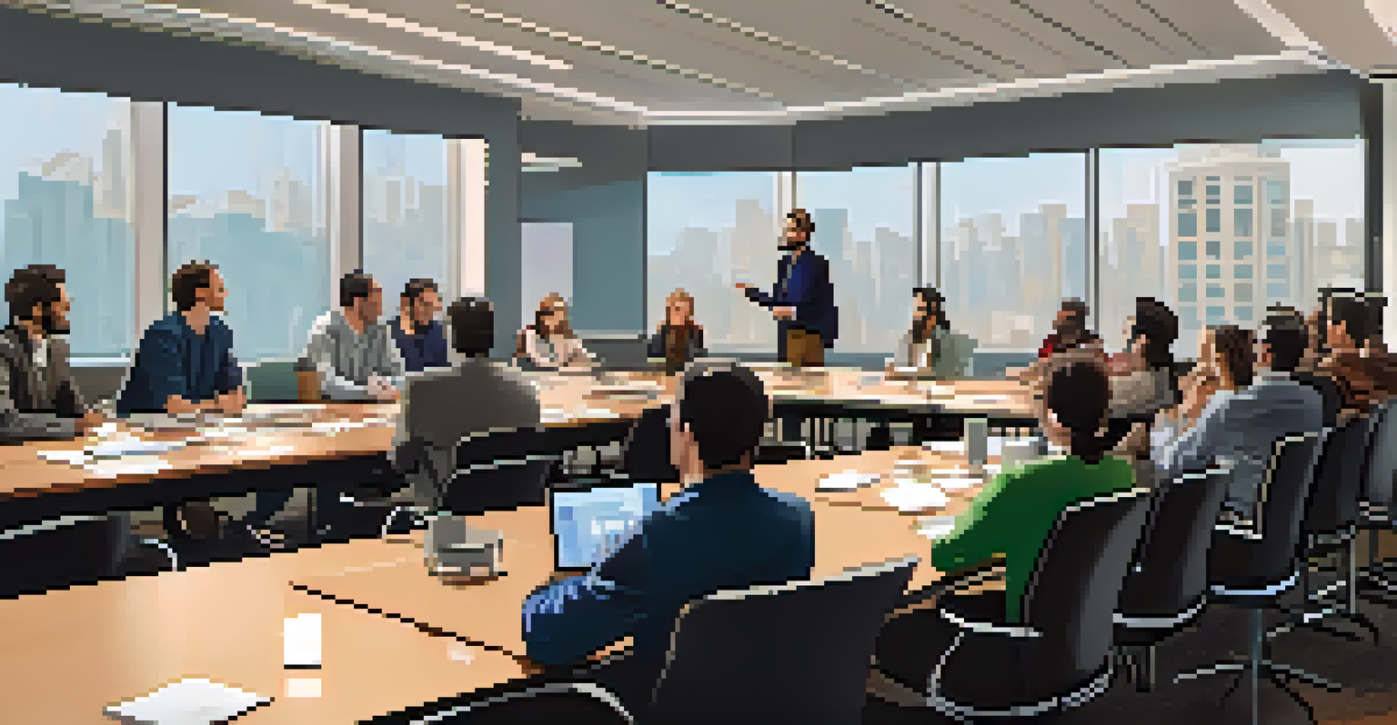 A filmmaker presenting their project in a bright conference room to a group of attentive investors.
