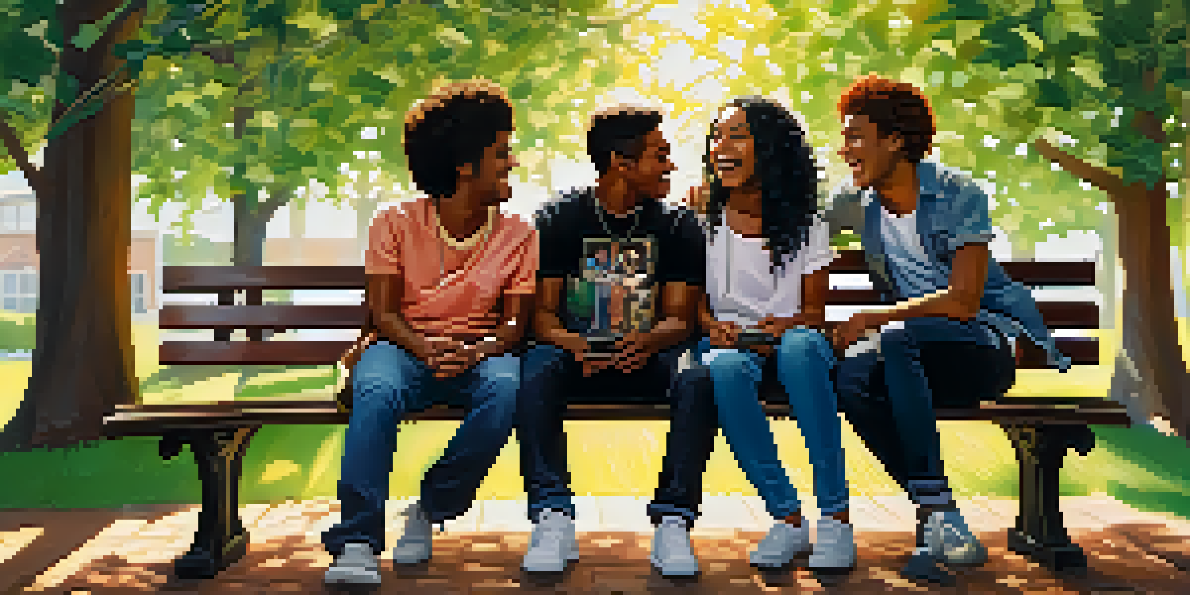 A diverse group of young friends enjoying music together in a sunny park, each expressing their unique style.
