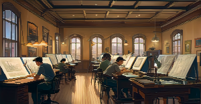 A vintage animation studio with artists working on sketches, illuminated by warm light and surrounded by animation equipment.