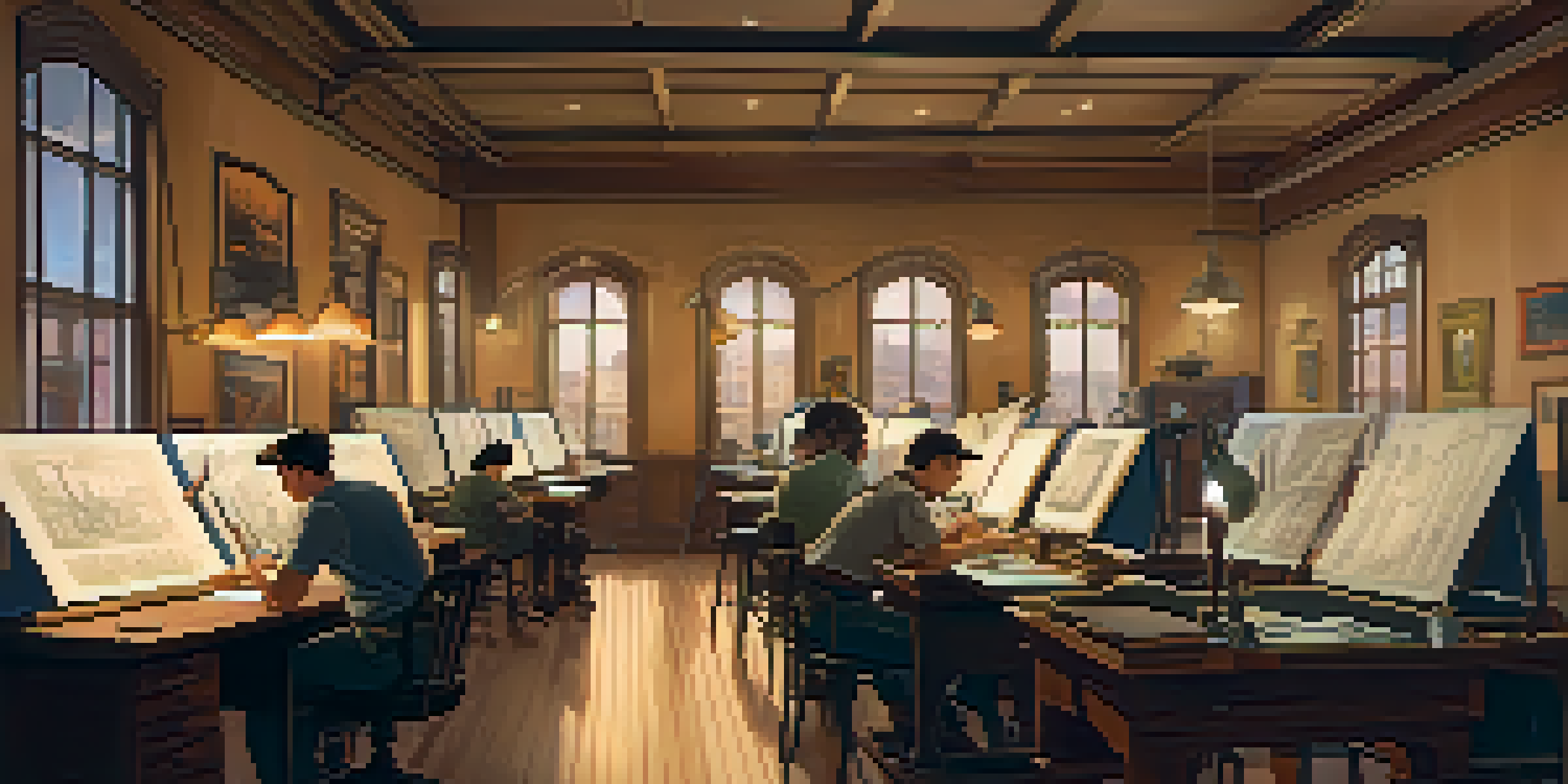 A vintage animation studio with artists working on sketches, illuminated by warm light and surrounded by animation equipment.