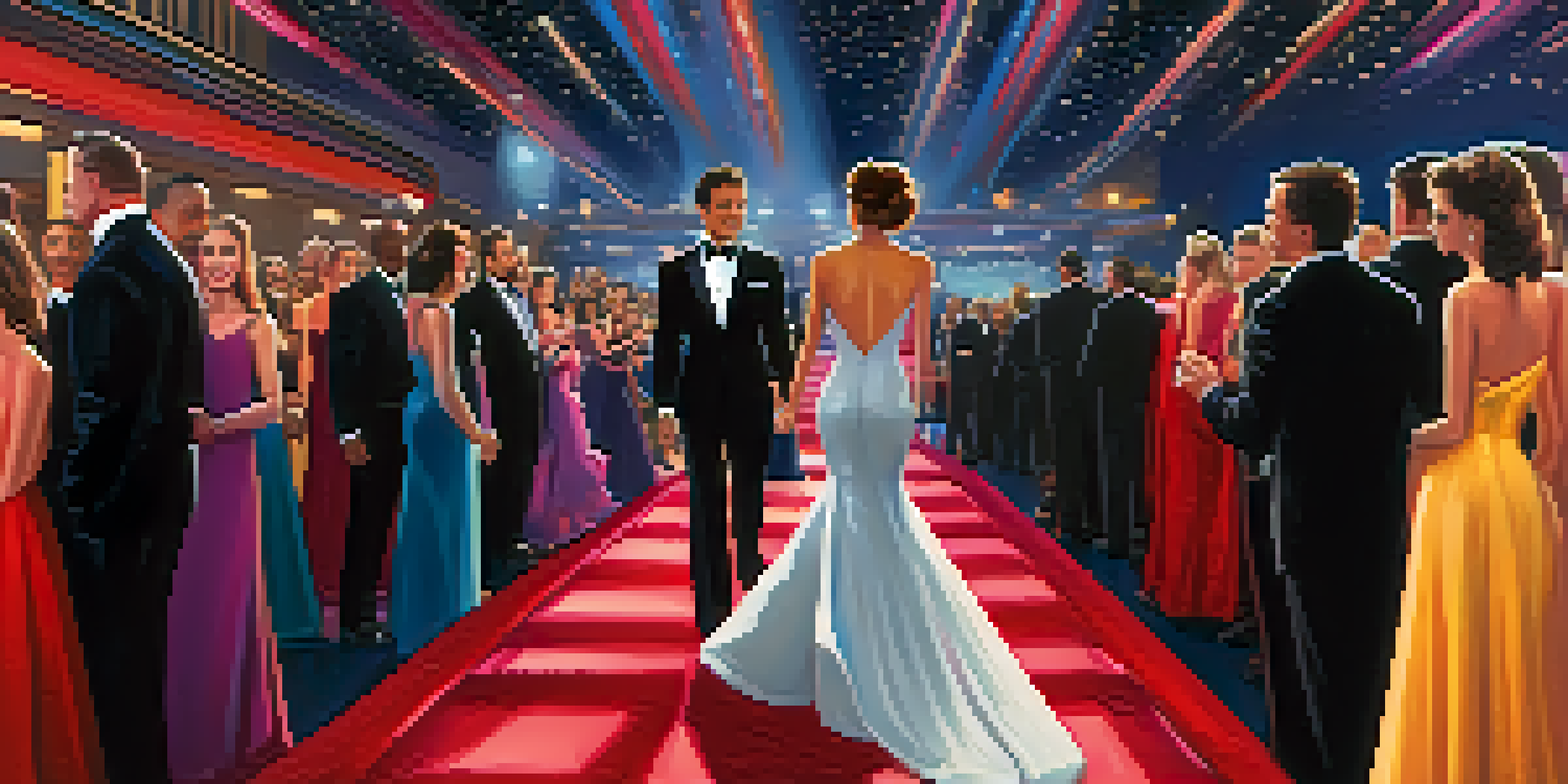 A vibrant red carpet scene at the Oscars with celebrities in elegant attire and a crowd of fans.