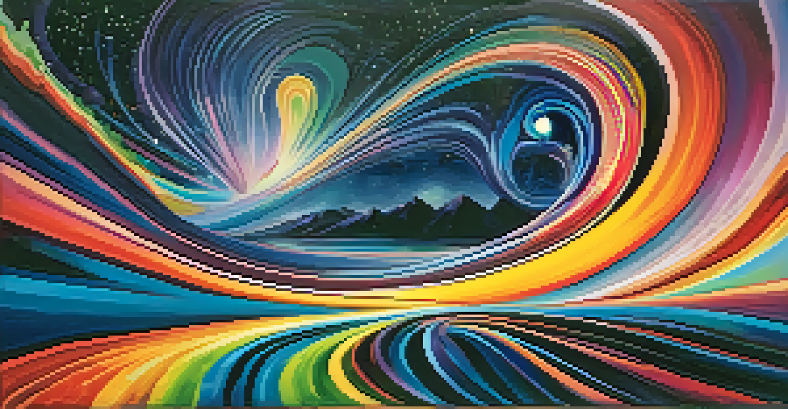 An abstract depiction of colorful sound waves flowing through a landscape, combined with elements like a film reel and musical notes against a starry night sky.