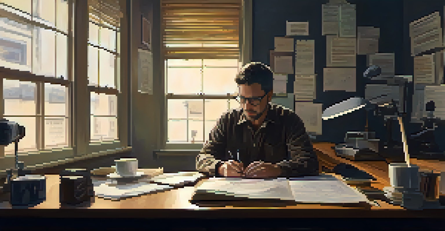 A filmmaker deeply focused on editing a film at a dimly lit desk, surrounded by notes and a coffee cup.