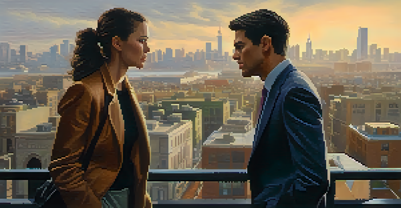 Two characters in a heated debate against a busy city backdrop, showcasing the tension of conflict in character development.