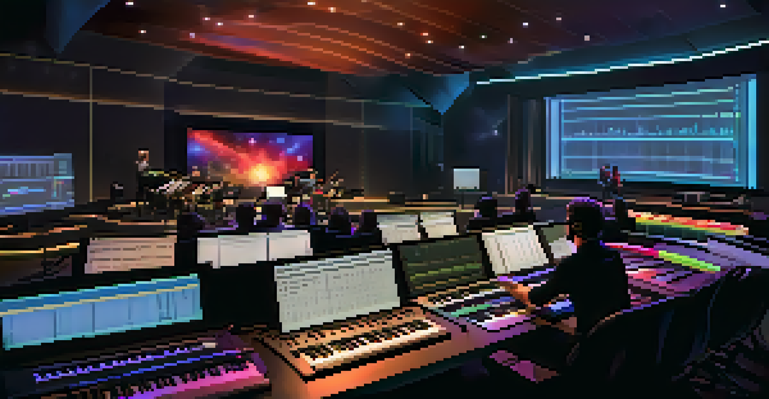 A modern film scoring studio with a composer creating music using digital tools and virtual instruments.