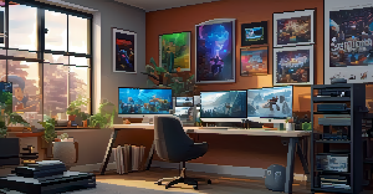 A modern animation workspace with a computer showing a 3D character model, surrounded by inspiring film posters.