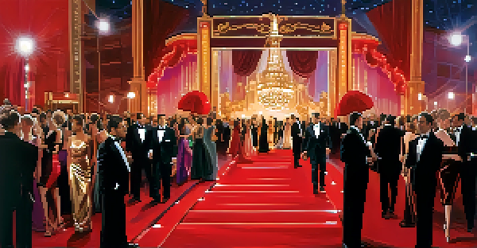 A vibrant red carpet event with celebrities in beautiful outfits, surrounded by photographers and festival banners.