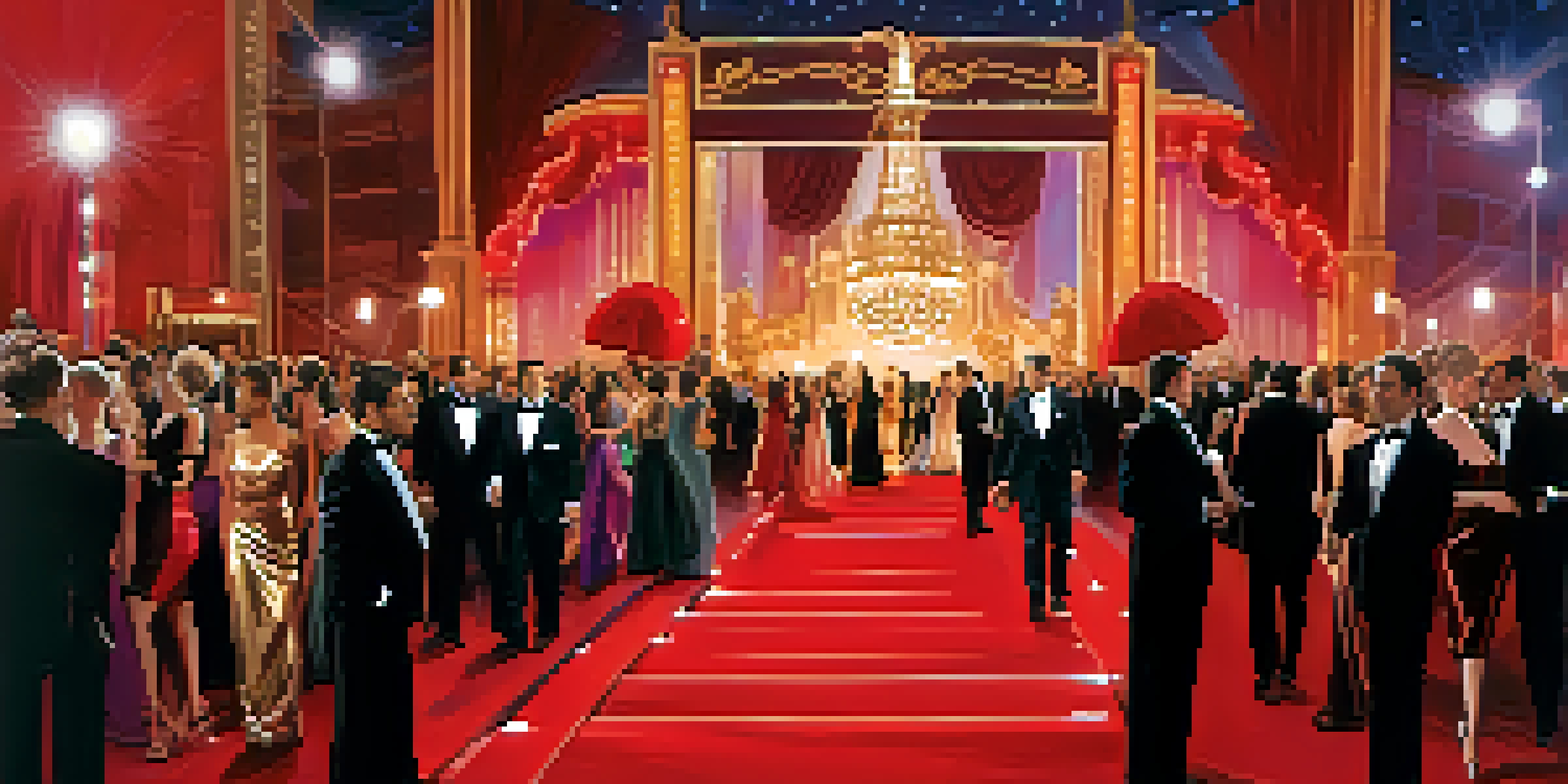A vibrant red carpet event with celebrities in beautiful outfits, surrounded by photographers and festival banners.