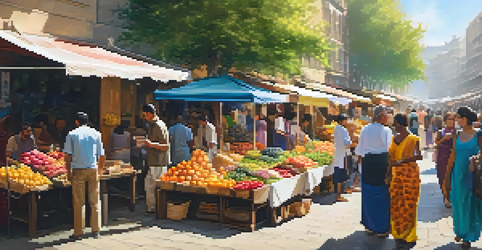 A bustling street market filled with colorful stalls and diverse people engaging with vendors in a lively atmosphere.
