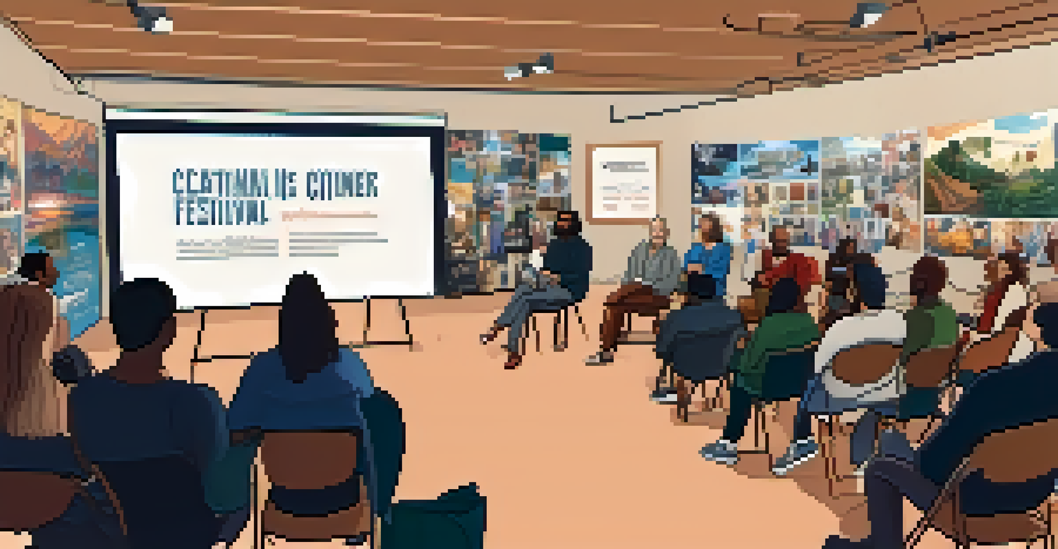 An indoor film festival panel discussion featuring diverse filmmakers sharing insights with an engaged audience, surrounded by film posters.