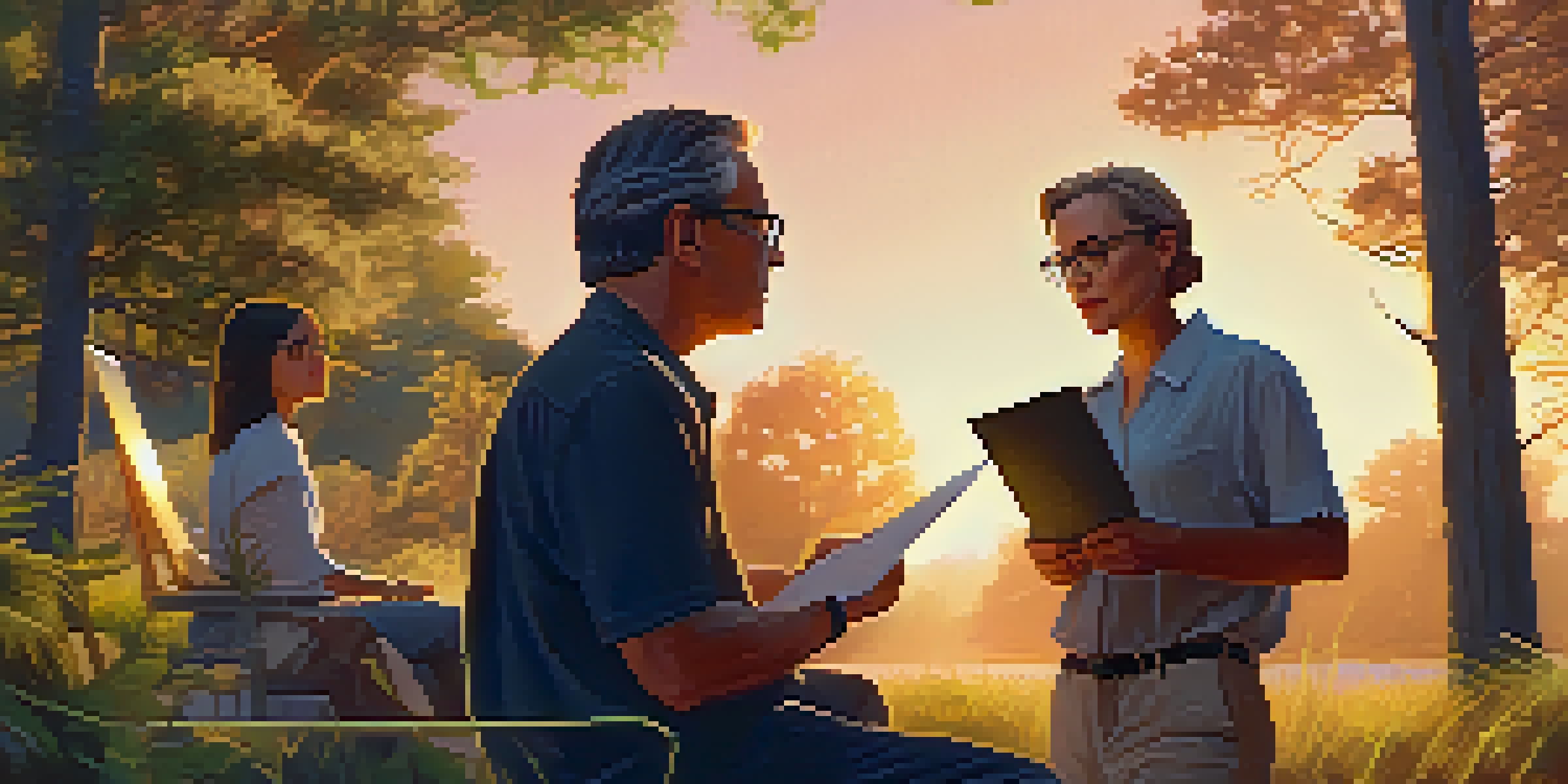 A director and a writer discuss on a film set during sunset with warm light filtering through the trees.