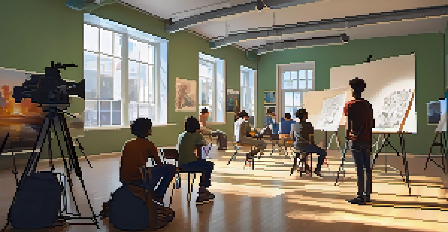 A workshop with young filmmakers learning and collaborating, surrounded by film equipment and colorful posters.