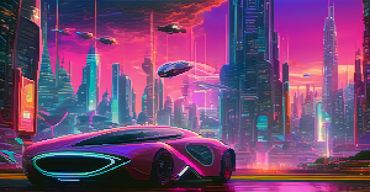 A futuristic cityscape with neon lights and a character interacting with a holographic screen, set in a vibrant color palette.