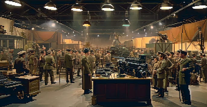 A busy World War II film set with actors in military costumes and crew members working on equipment.